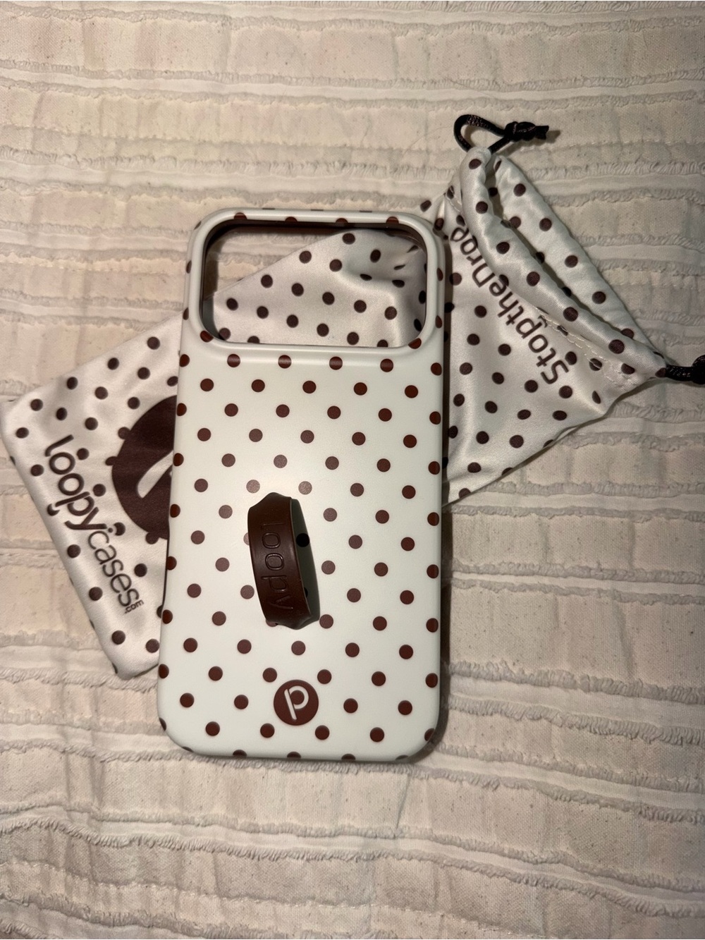 Loopy Case White Phone Case with Brown Polka Dots and Brown Kickstand